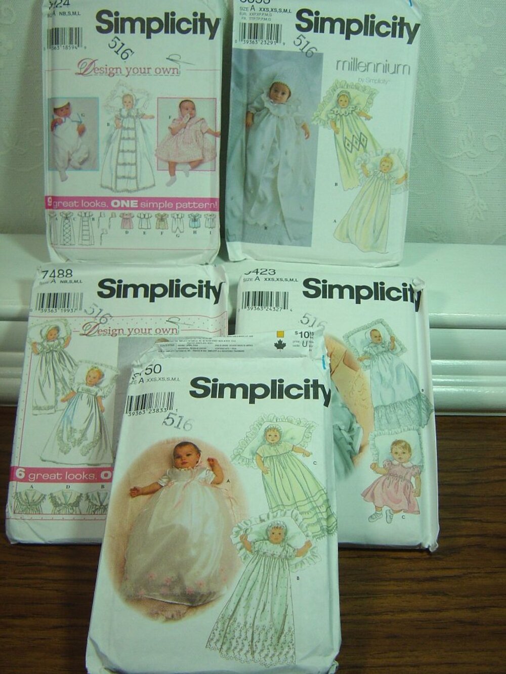 Lot of 5 Simplicity patterns-christening/baptism dresses-4 uncut-sizes NB-large